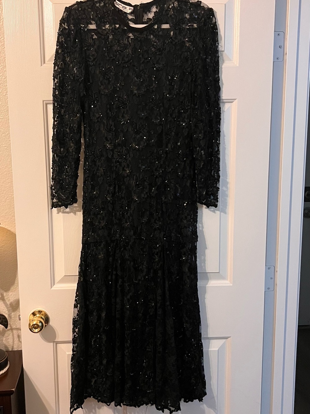 Scala Black Sequin Lace Long Sleeve Gown